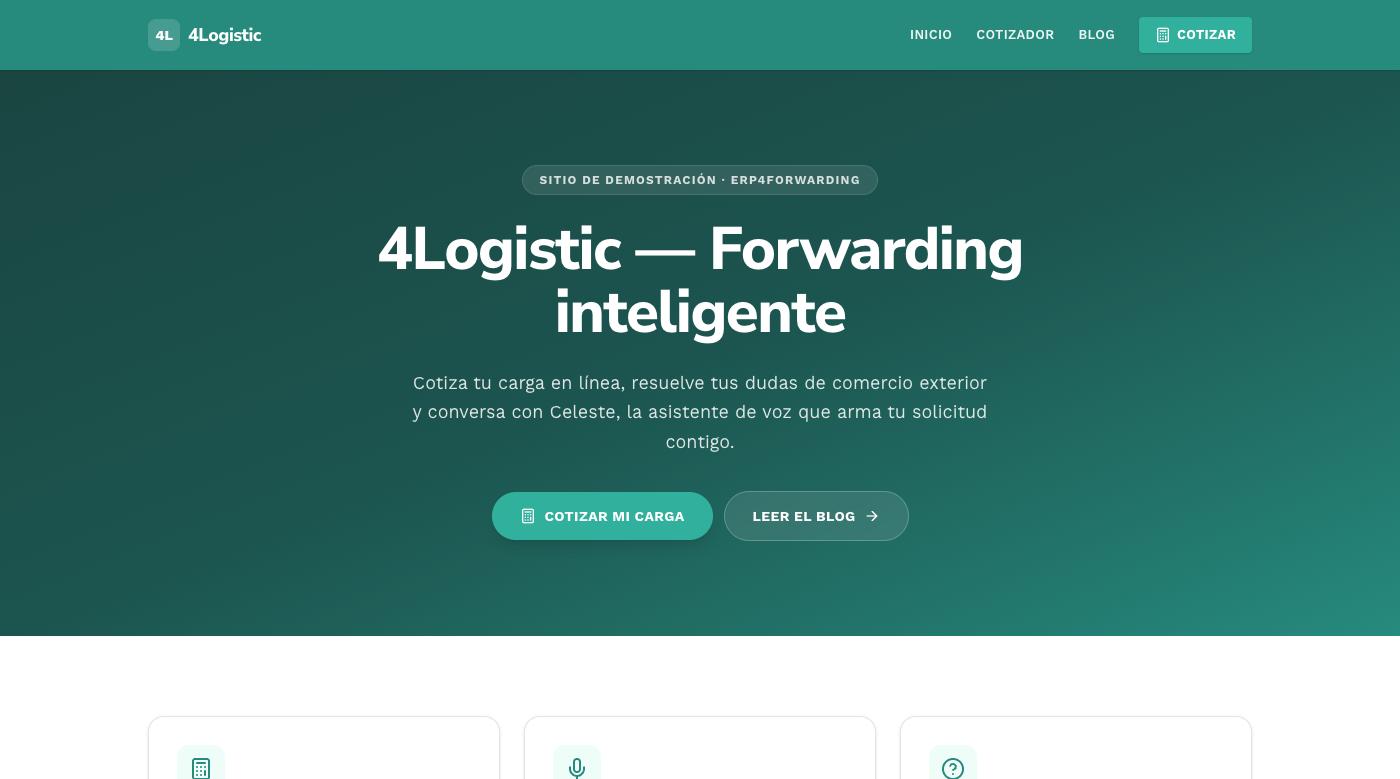 Sitio de demostración de erp4Forwarding, con cotizador y asistente de voz