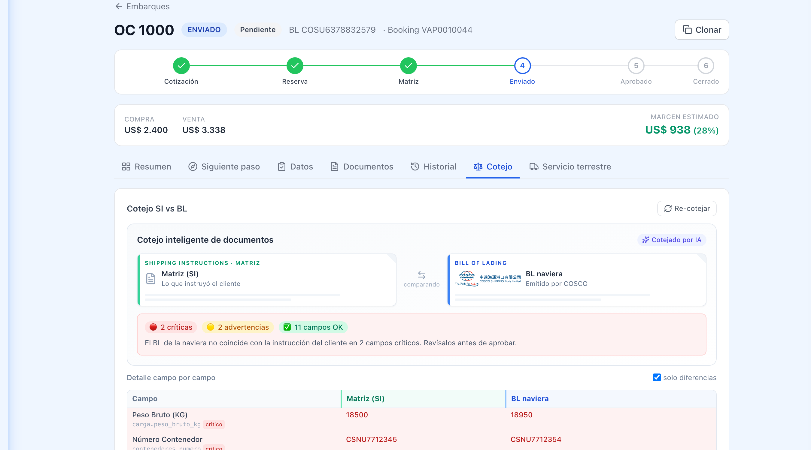 Cotejo inteligente de documentos SI vs BL con semáforo en erp4Forwarding