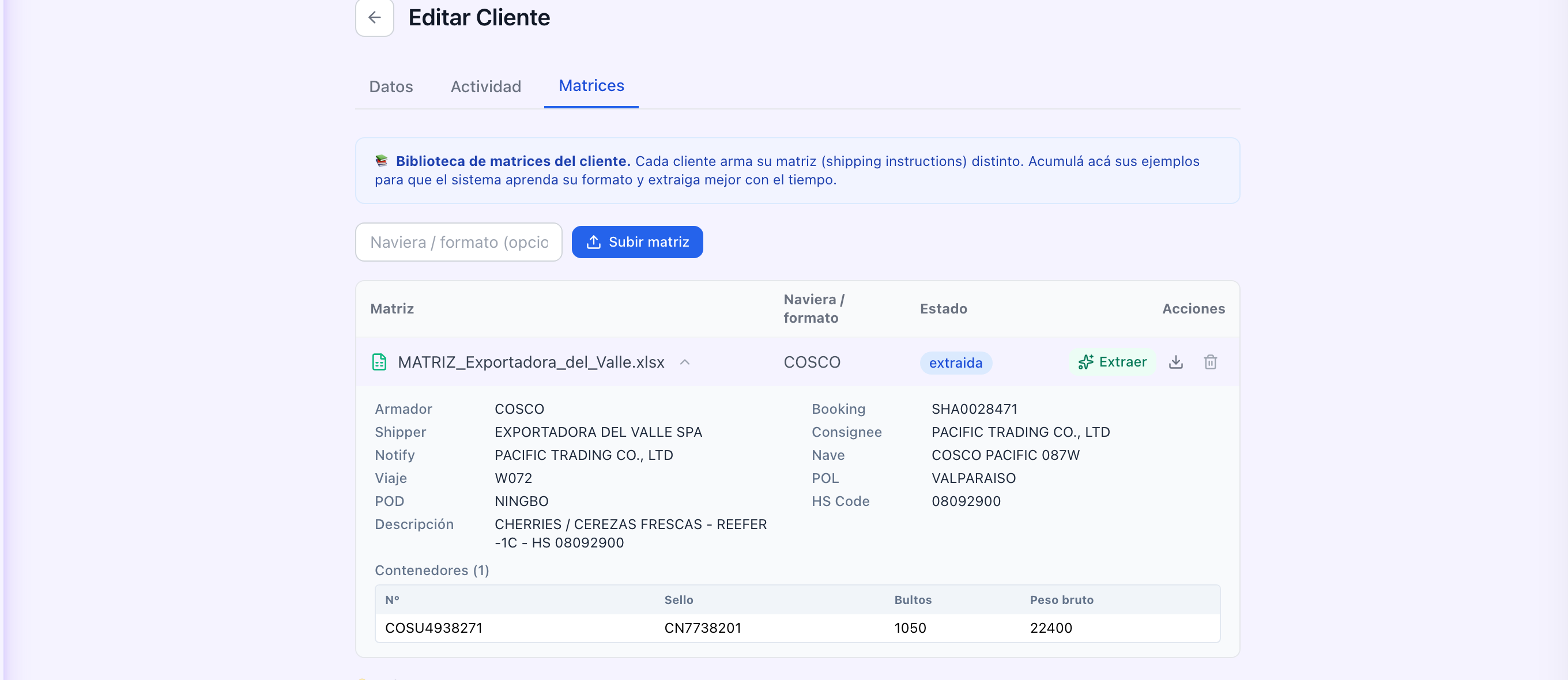Extracción con IA de las matrices de embarque de los clientes en erp4Forwarding