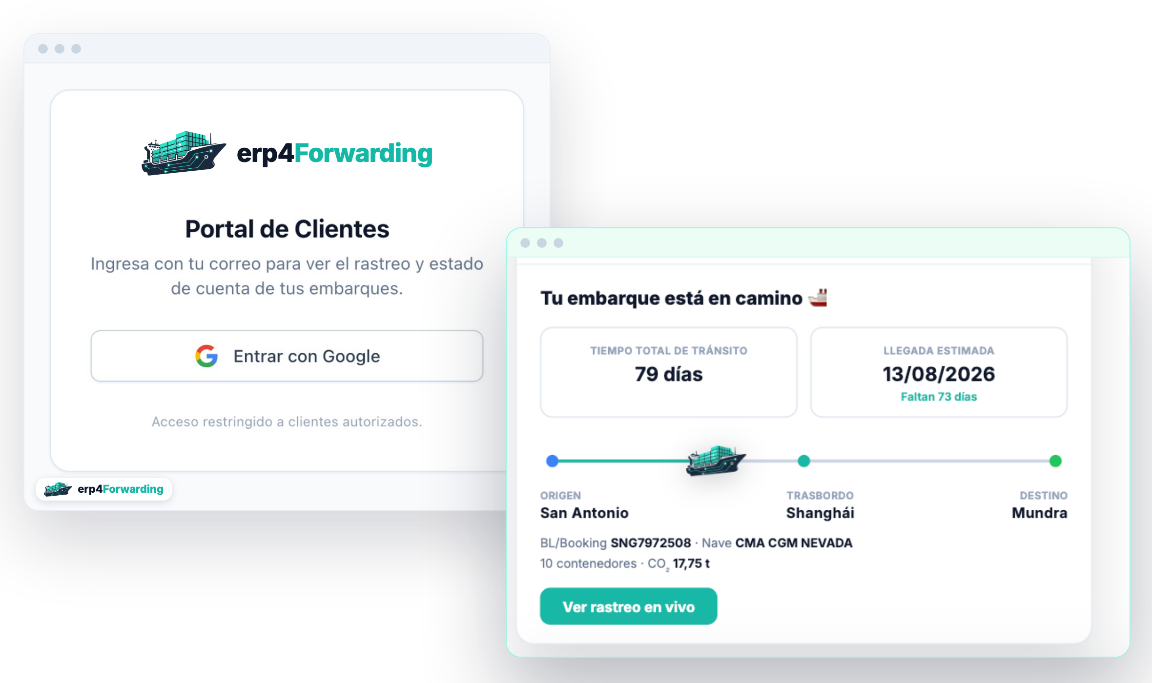 Portal de clientes de erp4Forwarding con alerta de tracking en tiempo real