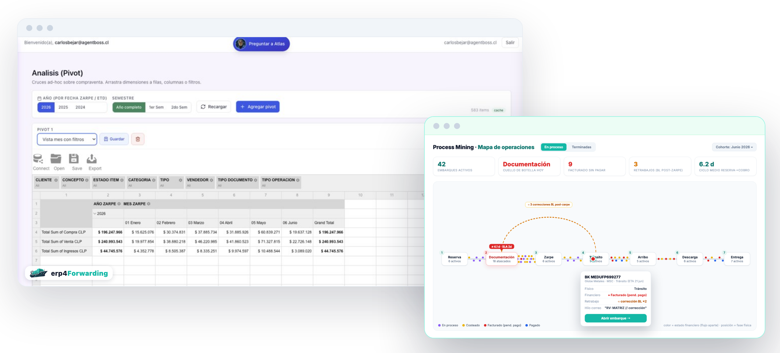 Análisis pivot self-service y Process Mining en erp4Forwarding