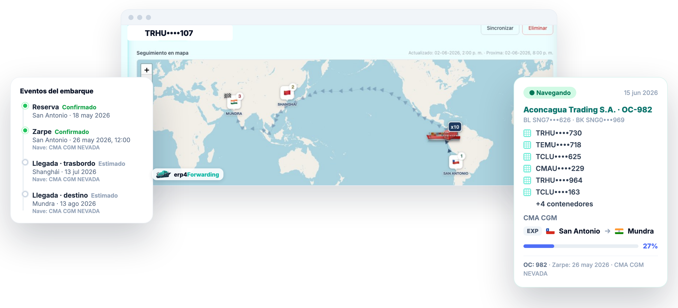 Rastreo en mapa por BL con eventos del embarque y resumen de contenedores